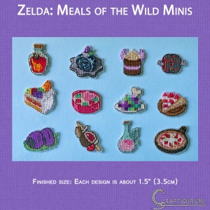 May include: Twelve colorful cross-stitch patterns inspired by food from the video game "The Legend of Zelda: Breath of the Wild". Each pattern is approximately 1.5 inches (3.5 cm) in size.