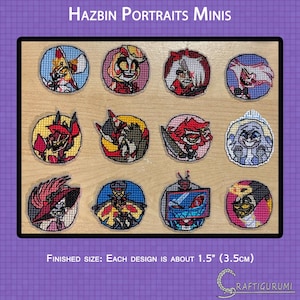May include: A collection of twelve circular cross-stitch portraits featuring characters from Hazbin Hotel. Each design is approximately 1.5 inches (3.5cm) in diameter. The text "HAZBIN PORTRAITS MINIS" is at the top.