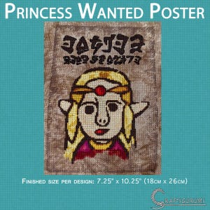 May include: A cross-stitch pattern of a princess wanted poster with the text "ヨタヨ" and "ELEZOISELE" in a brown frame. The finished size of the design is 7.25 inches by 10.25 inches.