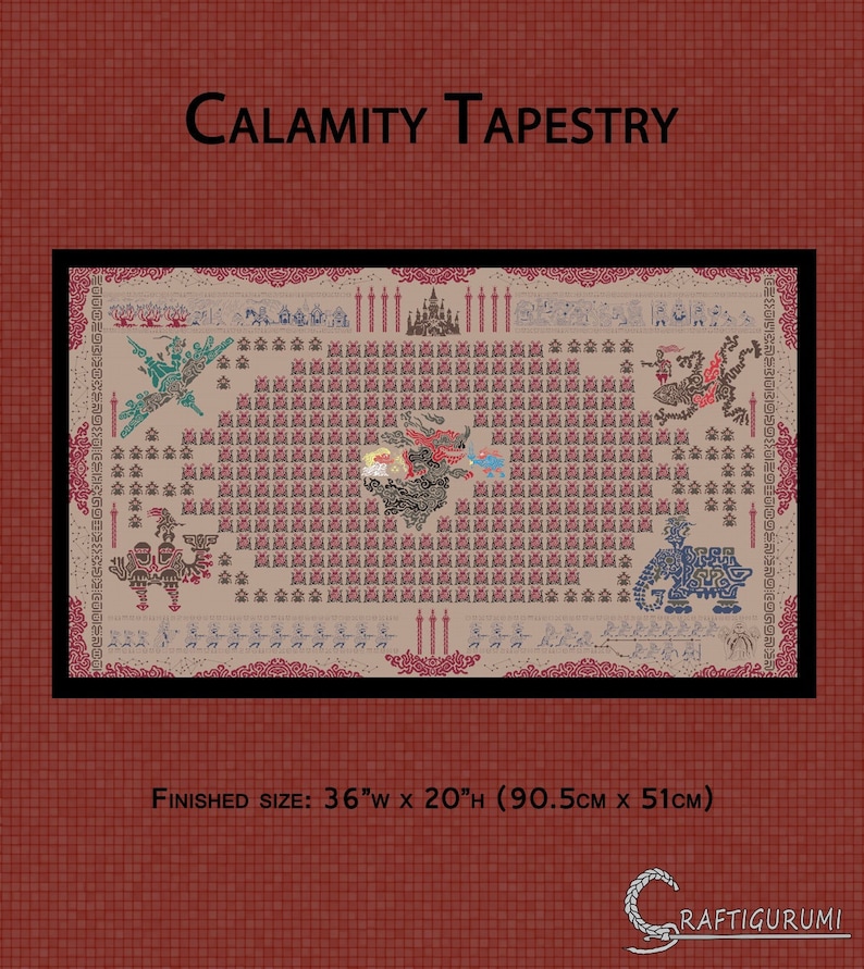 Op de afbeelding: Een wandkleed dat een gedetailleerde kaart van de Calamity Mod voor Terraria toont. De kaart is gemaakt van kleine vierkanten, die elk een andere locatie of vijand voorstellen. Het wandkleed is beige met rode accenten en meet 90,5 cm breed en 51 cm hoog.