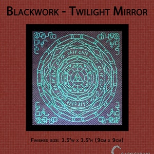May include: Blackwork embroidery design of a glowing green circle with geometric patterns and the text "BLACKWORK - TWILIGHT MIRROR". The finished size is 3.5 inches wide by 3.5 inches high, or 9 centimetres by 9 centimetres.