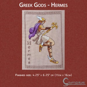 Op de afbeelding: Kruissteek van Hermes, een Griekse god, in goud, paars en wit. De afbeelding bevat de tekst "GREEK GODS - HERMES" en "Hermes". Afmeting: 11 cm x 16 cm.