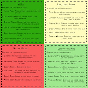 May include: A colorful chart with the names of different video games and their corresponding scents. The chart is divided into four sections, each with a different color background. The top left section is green and features the game Zelda. The top right section is yellow and features the game Live, Love, Laugh. The bottom left section is red and features the game Stolen Holiday. The bottom right section is green and features the game Lord of the Ring.