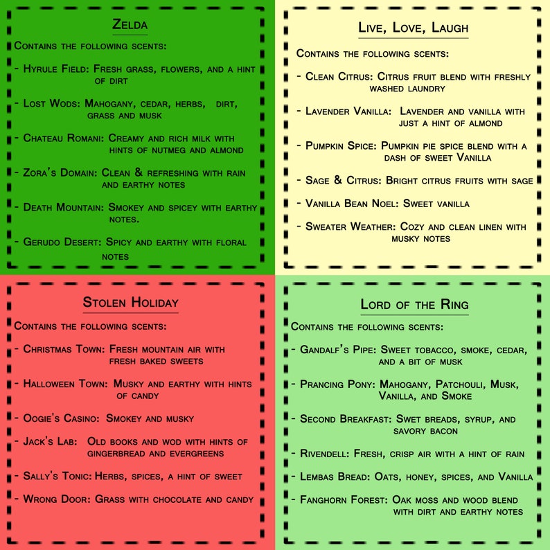 May include: A colorful chart with the names of different video games and their corresponding scents. The chart is divided into four sections, each with a different color background. The top left section is green and features the game Zelda. The top right section is yellow and features the game Live, Love, Laugh. The bottom left section is red and features the game Stolen Holiday. The bottom right section is green and features the game Lord of the Ring.