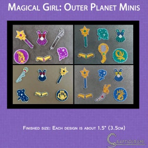 May include: A set of 12 cross-stitch patterns featuring characters from the anime series Sailor Moon. Each pattern is about 1.5 inches (3.5 cm) in size and includes a variety of iconic symbols and accessories from the show, such as wands, tiaras, and transformation brooches.