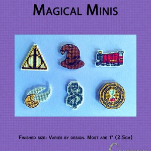 May include: Six small cross-stitch embroidery designs on a light blue background. The designs include the Deathly Hallows symbol, a Sorting Hat, the Hogwarts Express, a Golden Snitch, the Dark Mark, and a Time-Turner.  Finished size: Varies by design. Most are 1" (2.5cm).