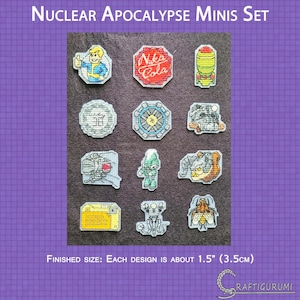 May include: A set of 12 cross-stitch patterns featuring characters and objects from the Fallout video game series. The patterns are designed to be stitched on Aida cloth and finished size is 1.5 inches (3.5 cm).