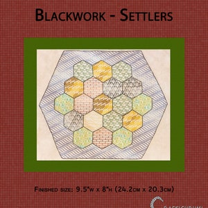 May include: A blackwork embroidery pattern for a Settlers of Catan game board. The pattern is 9.5 inches wide by 8 inches high (24.2 cm x 20.3 cm).