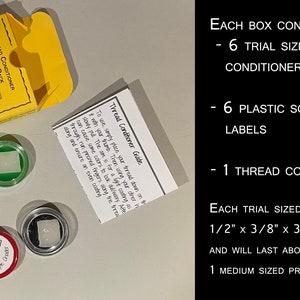 May include: A yellow box labeled "Most Popular" and "Thread Conditioner Sample Pack" with six small clear jars containing thread conditioner blocks. Each jar has a colorful label with a different design. The text "Thread Conditioner Guide" is visible on a white card.