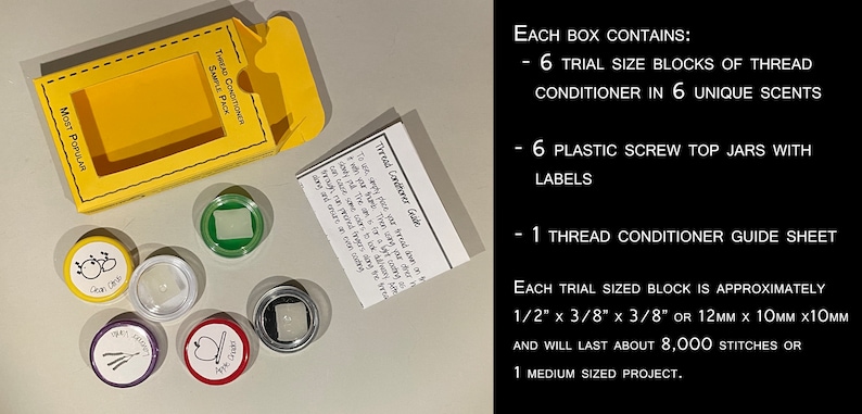 May include: A yellow box labeled "Most Popular" and "Thread Conditioner Sample Pack" with six small clear jars containing thread conditioner blocks. Each jar has a colorful label with a different design. The text "Thread Conditioner Guide" is visible on a white card.
