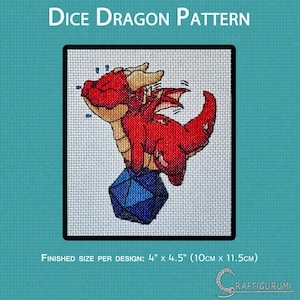 Pode incluir: Padrão de ponto cruz com um dragão vermelho empoleirado no topo de um dado azul e branco. O tamanho final do padrão é de 10 cm por 11,5 cm.