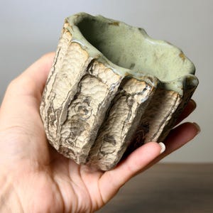 May include: A small, hand-formed ceramic cup with a textured, ribbed exterior featuring a matte beige and dark brown finish. The interior and the scalloped rim are glazed in a muted, pale sage green, creating a contrast with the rough, carved outer surface.