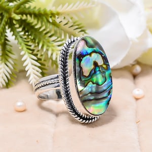 Abalone snäckskalring: Justerbar sterlingsilver, antik stil