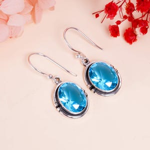 Blue Topaz Earring, Solid 925 Sterling Silver Earring, Handmade Jewelry, Elegant Earring, Blue Stone Earring, Anniversary Earring Gift.