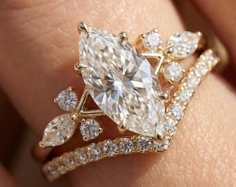 1.5CT Marquise Moissanite Cluster Engagement Ring Set Solid Gold Nature Inspired Chevron Band Bridal Mother's Day Gift
