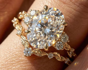 Art Deco Wedding Ring Antique Vintage Diamond Ring 3 CT Oval Cut Moissanite Engagement Ring Nature inspire Leaf Bridal Ring Set