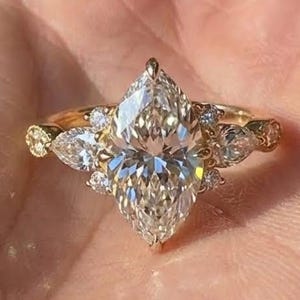 Vintage Marquise Cut Moissanite Engagement Ring 14K Solid Yellow Gold Art Deco Wedding Ring Unique Cluster Milgrain Nature Inspired Ring
