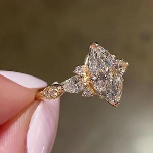 Vintage Marquise Cut Moissanite Engagement Ring 14K Solid Yellow Gold Art Deco Wedding Ring Unique Cluster Milgrain Nature Inspired Ring