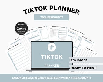 May include: A digital TikTok planner with a light blue and white design. The laptop screen displays the words "TikTok Planner" and the TikTok logo. The image also includes the text "70% Discount!", "25+ Pages", and "Ready to Print".
