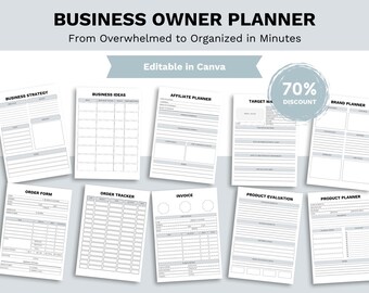 May include: A collection of printable business planner templates. The templates include sections for business strategy, ideas, affiliate planning, target market, brand planning, order forms, order tracking, invoices, product evaluation, and product planning. The text "Business Owner Planner" is at the top.