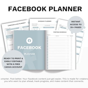 Op de afbeelding: Een lichtblauwe Facebook Planner met de tekst "FACEBOOK PLANNER" in grote zwarte letters. De planner bevat pagina's voor campagnes, weggeefacties en postschema's. De afbeelding bevat ook de tekst "READY TO PRINT & EASILY EDITABLE WITH A FREE CANVA ACCOUNT".