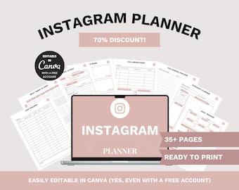 May include: A digital Instagram planner with a pink and white design, displayed on a laptop and several loose sheets. The planner includes sections for tracking ads, goals, and collaborations. Text includes "Instagram Planner", "35+ Pages", and "Ready to Print".
