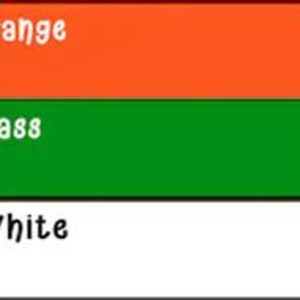 May include: A color chart with six different colors: red, brown, orange, green, citron, and aqua. The colors are arranged in three rows of two colors each.