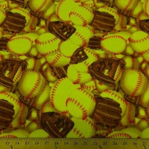 May include: A yellow and brown fabric with a repeating pattern of softballs and baseball mitts. The fabric is ideal for crafting projects such as blankets, pillows, and tote bags.