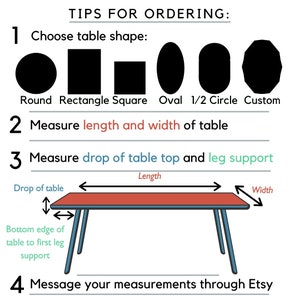 May include: Diagram with instructions for ordering a custom table. It shows different table shapes, how to measure length and width, and how to measure the drop of the table top and leg support. The text says "Tips for Ordering: 1. Choose table shape: Round, Rectangle, Square, Oval, 1/2 Circle, Custom. 2. Measure length and width of table. 3. Measure drop of table top and leg support. 4. Message your measurements through Etsy."