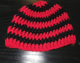 Red and black striped baby beanie crochet hat with brown and blue stripe size 0-3 months