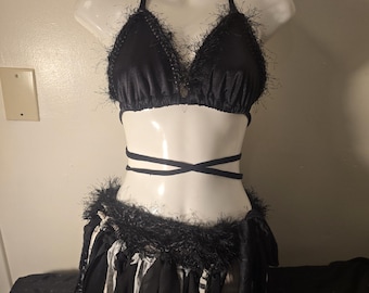 Festival wear black gray and white Fairy, pixie skirt and bikini top Faux fur fuzzy yarn and string skirt Hippie Raver Hooping goth cat