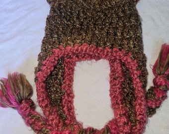 Brown bear ears earflap crochet hat with pink trim photo prop size newborn soft chunky yarn
