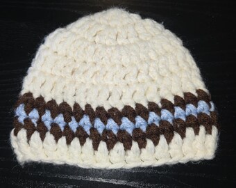 Off white chunky baby beanie crochet hat with brown and blue stripe size 0-3 months