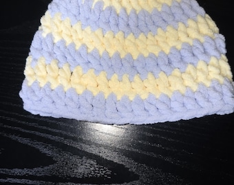 light blue and yellow chunky soft blanket yarn earflap  baby hat size 3-6 months