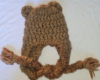 Brown bear ears earflap crochet hat photo prop size newborn soft chunky yarn