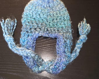 Blue striped earflap crochet hat photo prop size 0- 3 months soft chunky yarn