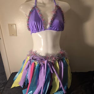 Festival ware purple and pink Fairy, pixie skirt and bikini top Faux fur fuzzy yarn and string skirt Hippie Raver Hooping