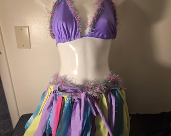 Festival ware purple and pink Fairy, pixie skirt and bikini top Faux fur fuzzy yarn and string skirt Hippie Raver Hooping
