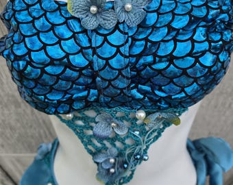 Teal Hologram Mermaid Costume, Hand-Crocheted Netting, Beaded Flowers, Seaweed (Large-XL)