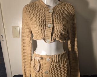 Cute sexy date night girls night out Gold sweater set cropped cardigan with matching Skirt restyled DIY 100 cotton sweater set
