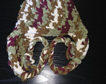 brown green maroon and white chunky soft blanket yarn warm  baby hat size 3-6 months