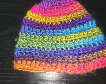 multi colored beanie style crochet hat in vibrant stripes children's unisex hat size 4- 8 yrs old