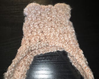 Peach bear ears earflap hat.  photo prop size newborn soft chunky yarn