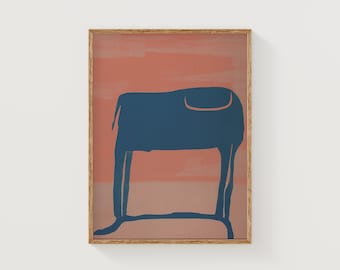 Minimalistische stierkunstprint: koraal en marineblauw abstracte dierenposter