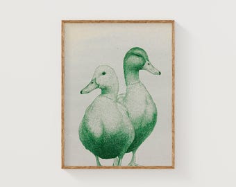 Duck Art Print: handgetekende groene illustratie op mat papier