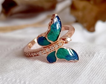 Butterfly Ring, Rose Gold Plated, Cubic Zirconia, Enamel Butterfly Jewelry