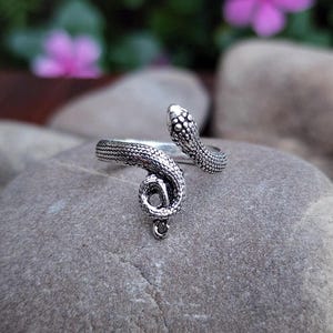 May include: A silver-colored snake ring with a textured, scaled design. The snake's head is raised, and the tail curls around the band. The ring is set on a gray stone, with blurred pink flowers in the background.