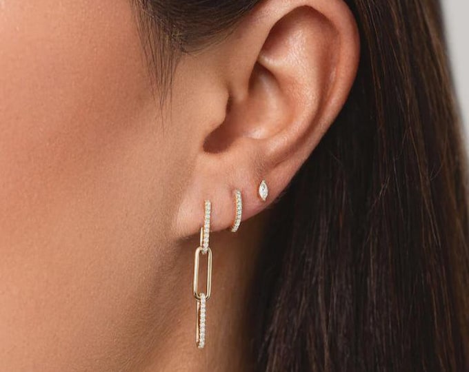 14K Gold Link Drop Earrings with Lab Diamonds, Dainty Paperclip Dangle Earrings, Modern Sparkling Hoop Earrings for Women,