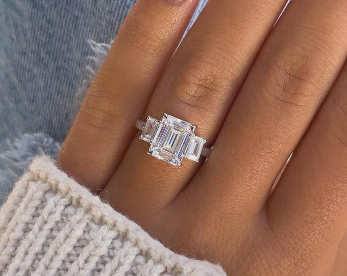 Three Stone Emerald Cut Engagement Ring , lab diamond Promise Ring Wedding Anniversary Gift for Wife Trilogy Ring Valentines Day Gift