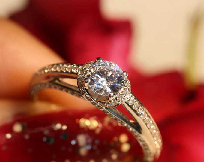 Round Diamond Engagement Ring Lab Grown Diamond Ring ,Promise Ring for Her , Anniversary Gifts for Wife,  Hidden Halo Ring, Proposal Ring